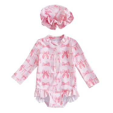 TIWEKE Childrens One-Piece Bathing Suit,Baby Girl Swimsuit Baby Girls Long Sleeve Swimsuit Romper with Hat Bathing Suit Beach Rash Guard Girls Bathing Suits 3-6 Months