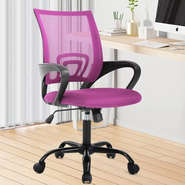 NiamVelo Mesh Office Chair Height Adjustable Ergonomic Computer Desk Chair Armrest Task Chair with Wheels for Adults, Pink. This swivel chair features a breathable pink mesh backrest, black armrests, and a high-density sponge cushion for ergonomic support. It includes a height adjustment mechanism ranging from 35.2 to 38 inches and a tilt tension knob for relaxation. The chair has a sturdy black swivel base with rolling wheels, ideal for home or office use.