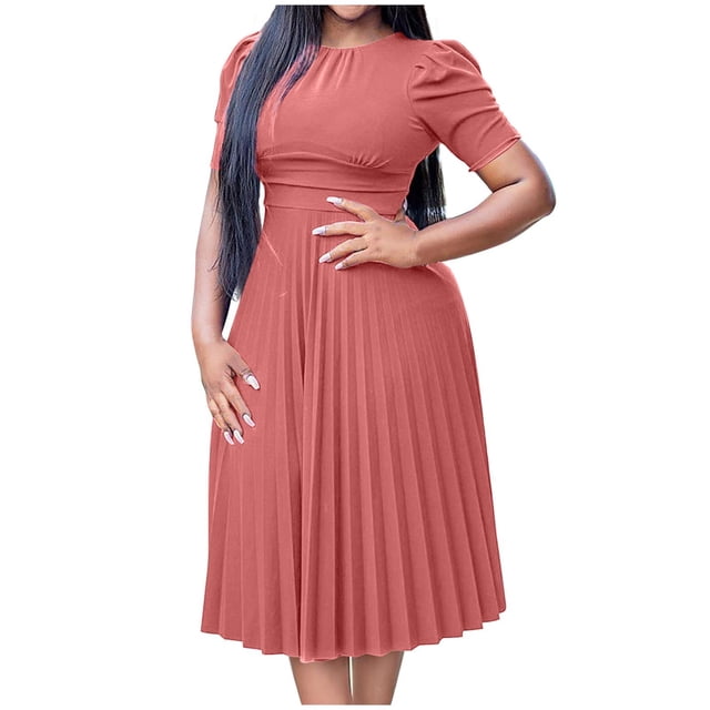 LOVZFMLL Robe d'Été pour Femme Grande Taille2025 Décontractée à Manches Courtes Taille Empire Coupe Ample Évasée Plissée Maxi Robe T-Shirt Rose P