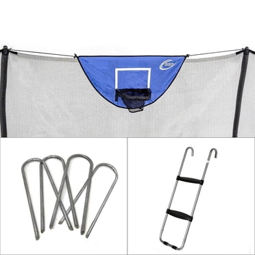 SKYWALKER TRAMPOLINES Accessory Kit for Outdoor Trampolines, Universal Hook 2 Step Anti Skid Wide Step Ladder, U - Shaped, 4 Pack, Heavy Duty Wind Stakes, Basketball Game