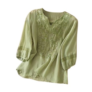 T-Shirt à Manches Courtes pour Femmes Liquidation Femmes Chemises Mélange Hauts Brodés pour Femmes T-Shirt Coton Lin Tee Femmes Manches 3/4 Col en V Bouton Ethnique