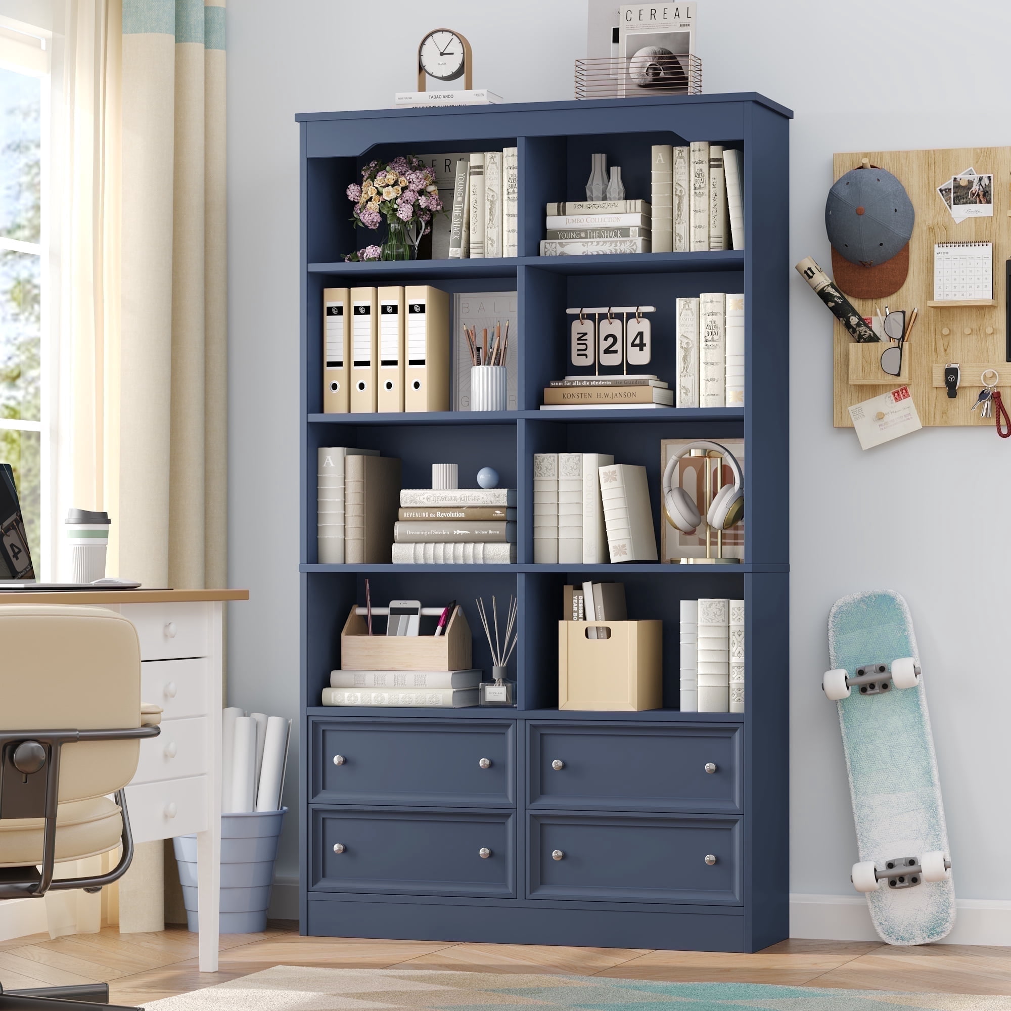 Homfa Double Row 6 Tier Bookcases, 71 in Tall Bookcase Bookshelf with 4 Drawers and 8 Display Cubicles, for Home Office Living Room, Blue