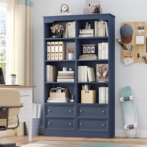 Homfa Ligne double 6 Les bibliothèques de niveau, 71 dans la bibliothèque Tall Bookshelf avec 4 Tiroirs et 8 Cubicles d'affichage, pour le salon du bureau à l'intérieur, bleu