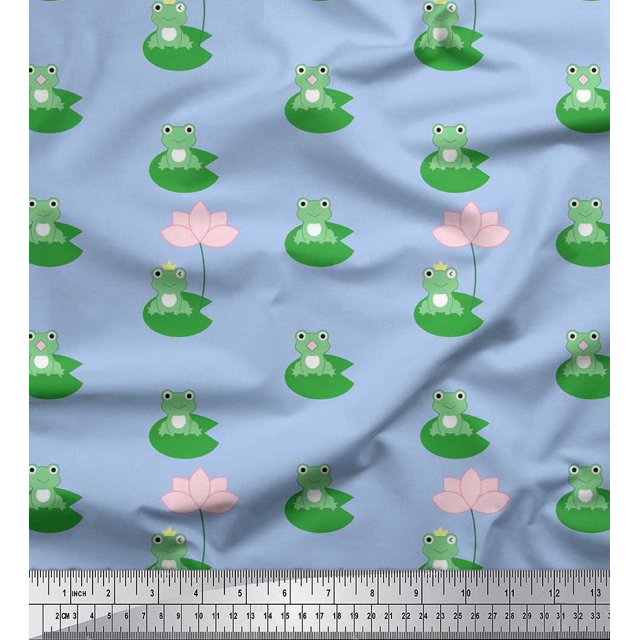 Soimoi Poly Crepe Fabric Lotus & Frog Kids Printed Fabric 1 Yard 52 Inch Wide