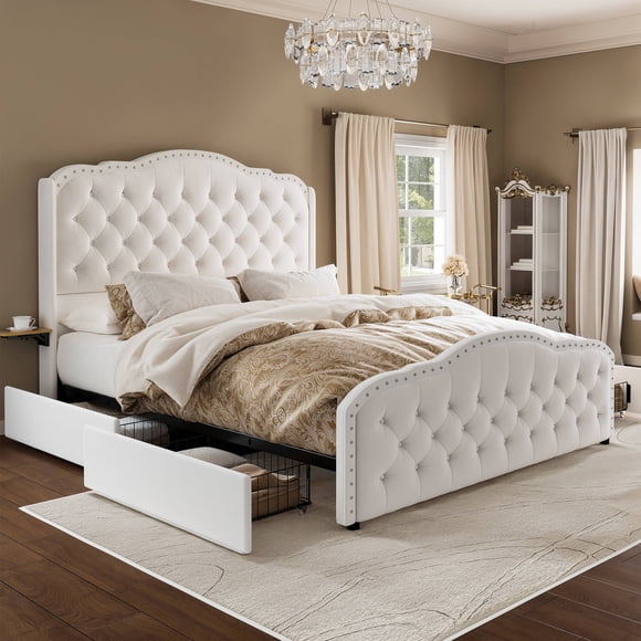 GUNAITO Full Size Bed Frame with 4 Storage Drawers, Velvet Upholestered Platform Bed with Wingback Buttons Headboard and Bedside Storage Board, White