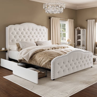 GUNAITO Full Size Bed Frame with 4 Storage Drawers, Velvet Upholestered Platform Bed with Wingback Buttons Headboard and Bedside Storage Board, White
