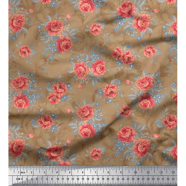 Soimoi Silk Fabric Leaves & Rose Floral Print Fabric by Yard 42 Inch Wide