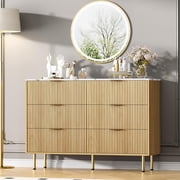 YUSAZENS Modern Fluted 6-Drawer Dresser – Large Natural Wood Chest of Drawers with Gold Handles,Bedroom Storage Organizer for Clothes & Essentials,Stylish Dresser for Living Room, Hallway & Entryway
