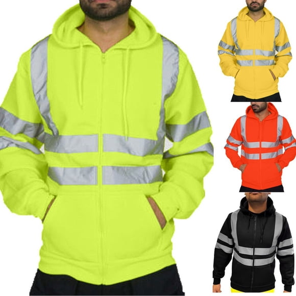UVEASISHA Mens High Visibility Jackets Full Zip Safety Hoodies Jacket Class 3 Reflective Hi-Vis Hooded Sweatshirt Fall Winter Thermal Working Coats with Pockets Today Sales,Black,XL