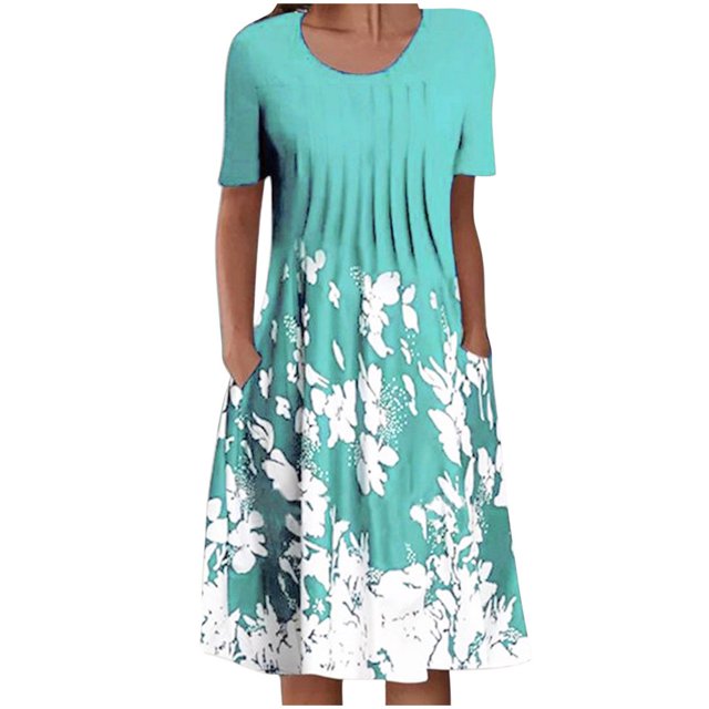 QJUHUNG Midi pour Femmes Été Décontracté Ample Bohème à Imprimé Floral Col Ras du Cou Manches Courtes Longueur Genou Robe Froncée avec Poches