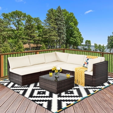 Gymax Ensemble de Canapé Sectionnel d'Extérieur en Rotin 6 Pcs, Ensemble de Mobilier de Patio avec Coussins Blancs