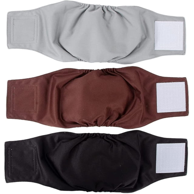 Washable male dog diapers in a 3-pack, featuring reusable belly bands for male dogs. The image displays three diapers in grey, brown, and black colors, each with elastic edges and Velcro fastening for a snug and secure fit. Designed for comfort with soft, breathable materials and a moisture-wicking inner lining. Ideal for untrained puppies, senior dogs with incontinence, or other leakage issues, these belly bands provide a practical and eco-friendly solution.