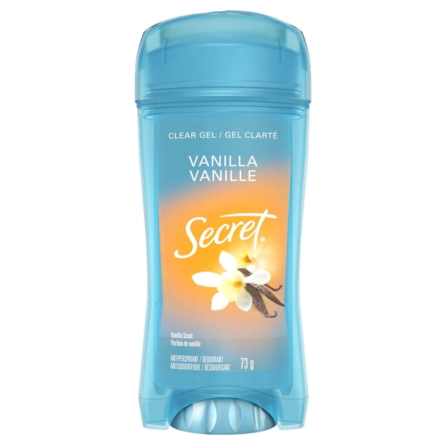 Secret Clear Gel Antiperspirant and Deodorant, Vanilla Scent, in a translucent blue plastic stick container with a rounded cap, featuring vanilla flower and bean graphics on the label, 73 g size, providing 48-hour odor and wetness protection.