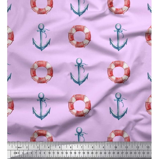 Soimoi Purple polyester Crepe Fabric Life Ring & Anchor Hook Nautical Fabric Prints By Yard 52 Inch Wide