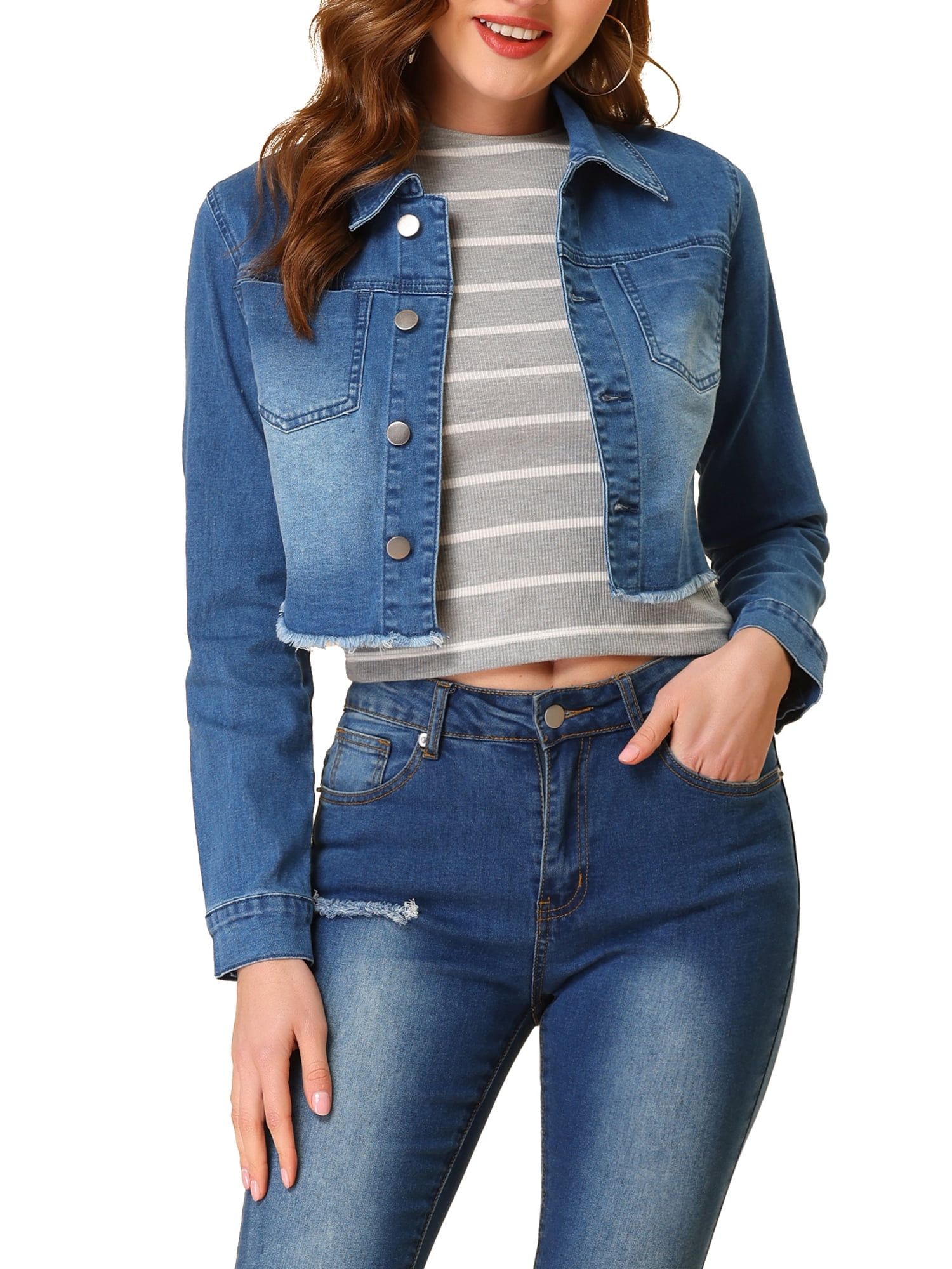 INSPIRE CHIC Women's Turn Down Frayed Button Down Spring Summer Washed Cropped Denim Jacket Dark Blue XL