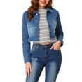 thumbnail image 1 of INSPIRE CHIC Veste en Denim Courte Délavée pour Femme à Col Rabattu, Effilochée, Boutonnée, Printemps Été, Bleu Foncé, TG, 1 of 6