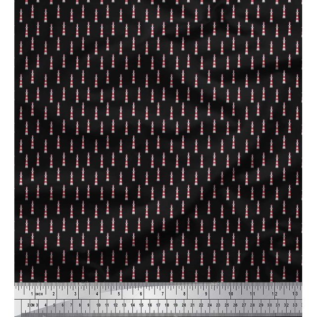 Soimoi Black Poly Georgette Fabric Lighthouse Nautical Print Sewing Fabric Yard 42 Inch Wide