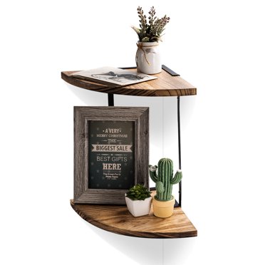 2-Tier Corner Arc Bookshelf Wood Storage Shelf Industrial Wall Shelves Mounted