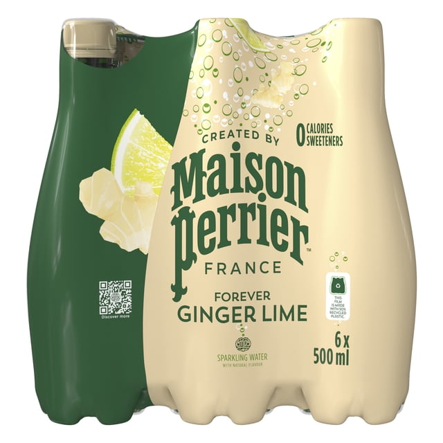 MAISON PERRIER Forever Ginger Lime, Sparkling Water Beverage, Natural Ginger Lime Flavour 500mL resealable PET bottle of clear sparkling water with natural ginger and lime flavour, no calories and no sweeteners, best served chilled; often used as a mixer for cocktails or mocktails.