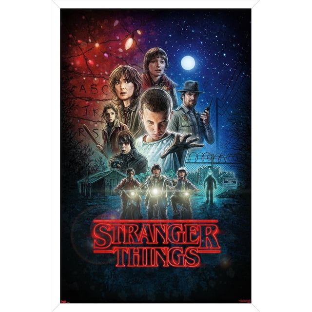 Netflix Stranger Things - One Sheet Wall Poster, 22.375" x 34", depicting four children riding bicycles with headlights on at night, a central figure with an outstretched hand, a police officer holding a radio, and a starry sky with a full moon above a barbed wire fence labeled 'Restricted Area', printed on glossy paper with vibrant colors.