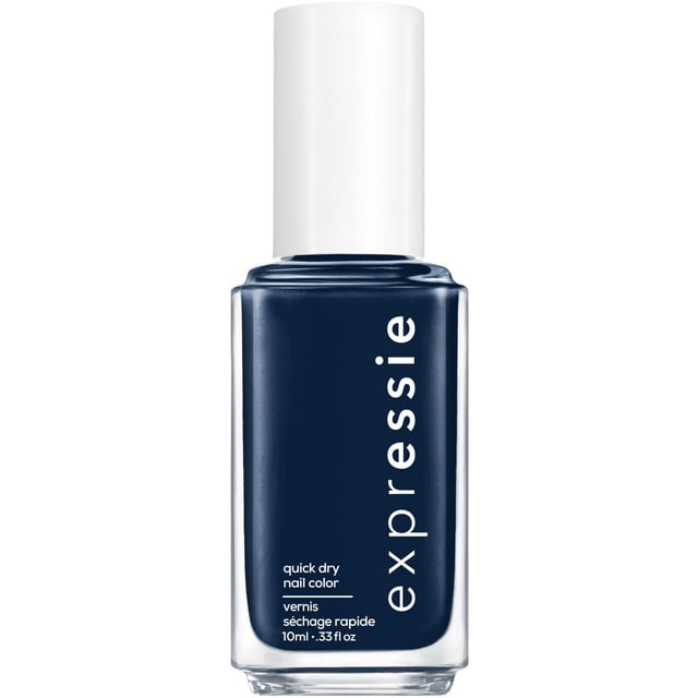 essie expessie quick-dry nail polish in deep navy blue with a white cap, featuring a patented angled brush for easy application and a fast-drying formula that dries in about a minute, suitable for quick nail color touch-ups.