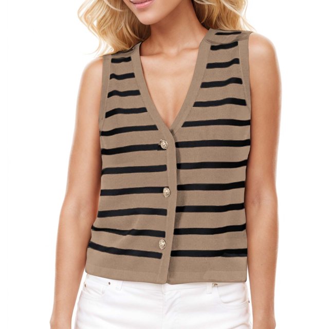 LOVZFMLL Camisoles pour Femmes Cardigan Décontracté Ample à Boutons Chandail à Rayures à Col en V