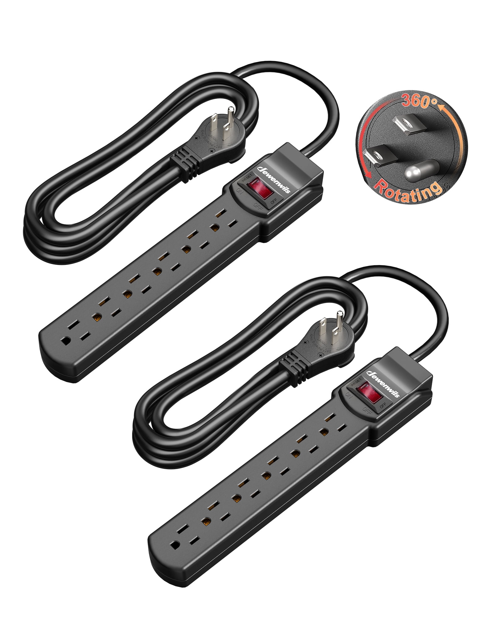 DEWENWILS 6FT Long Power Strip, 360° Rotating Flat Plug & 6 Outlets, 14/3C Thin Black Extension Cord, Space Saving Surge Protector Power Strip for Home, Office, 800 Joules