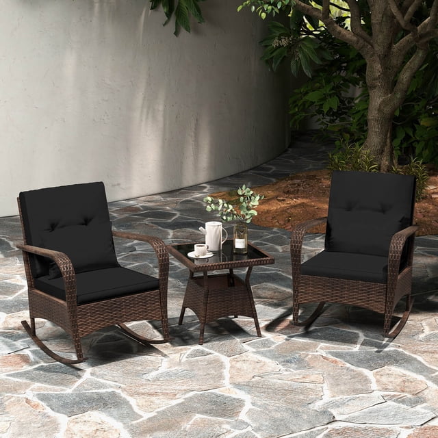 Costway 3 PCS Rocking Bistro Set with Removable Cushions & Tempered Glass Top Coffee Table Black