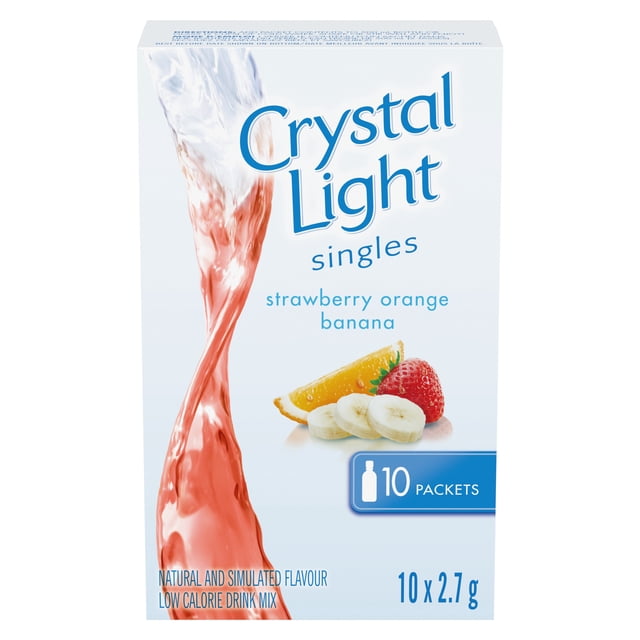 Crystal Light Boîte de Mélange pour Boisson en Poudre Fraise orange Banane à Portion Individuelle avec 10 Sachets Individuels de 2,7 g, Présentant une Touche de Liquide Rose et des images de Fraise, Tranche d'Orange et Banane, Mélange pour Boisson Faible en Calories à Saveur Naturelle et Simulée Idéal pour le Mélange avec l'Eau.