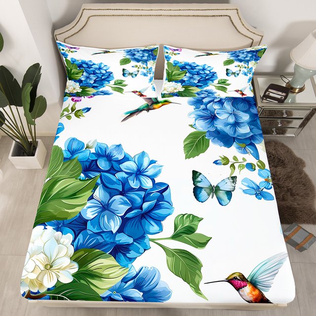Spring Flower Bed Sheets Hummingbird Butterfly Full Fitted Sheet,Navy Blue Floral Bed Set Botanical and Animal Themed Bedding Kids Girls Bedroom Decorative,Lightweight 3 Piece