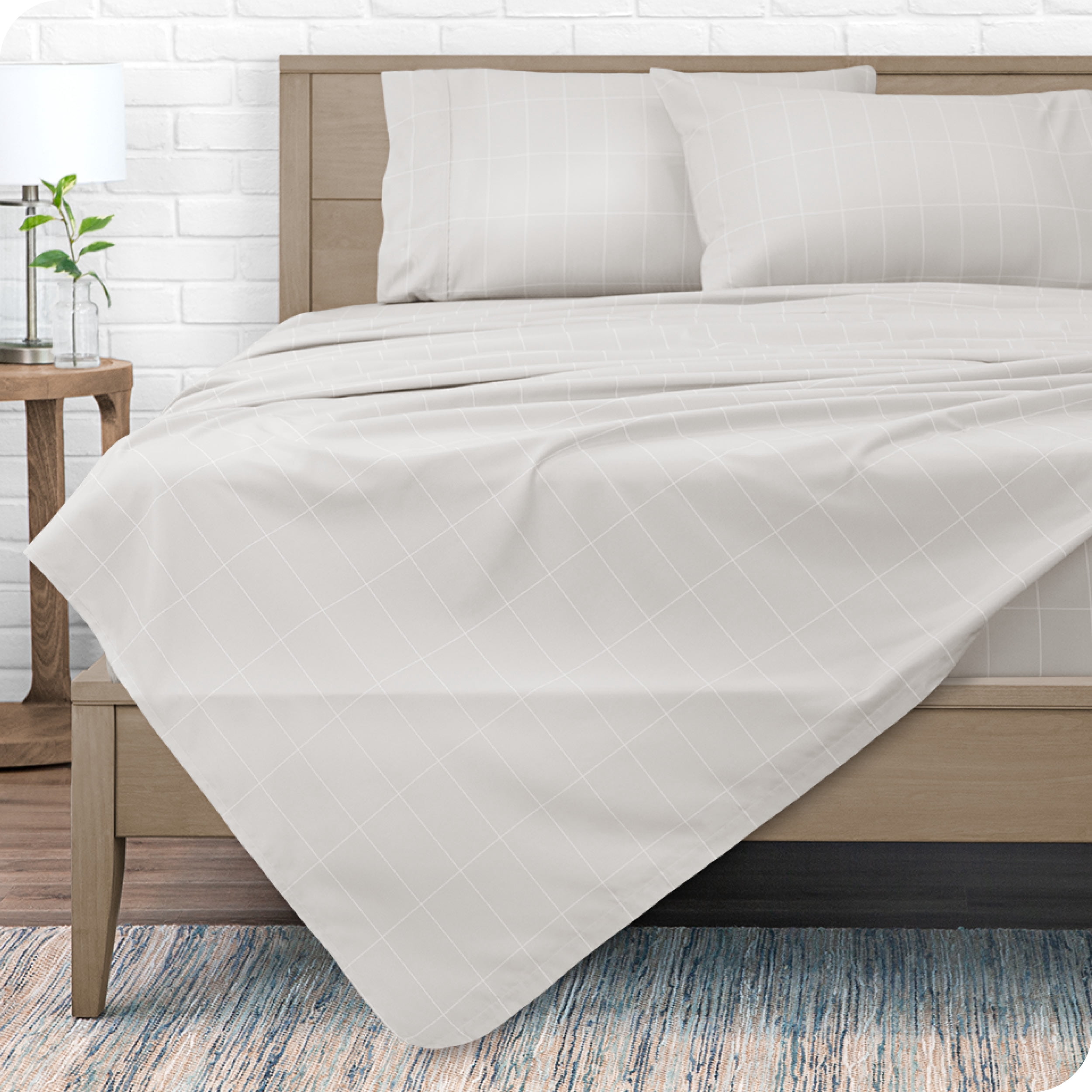 Bare Home Ultra-Soft Sheet Set - Premium 1800 Collection - Deep Pockets - 4-Pieces - Queen, Grid - Stone/White