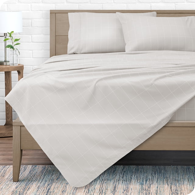Bare Home Ultra-Soft Sheet Set - Premium 1800 Collection - Deep Pockets - 4-Pieces - Full, Grid - Stone/White