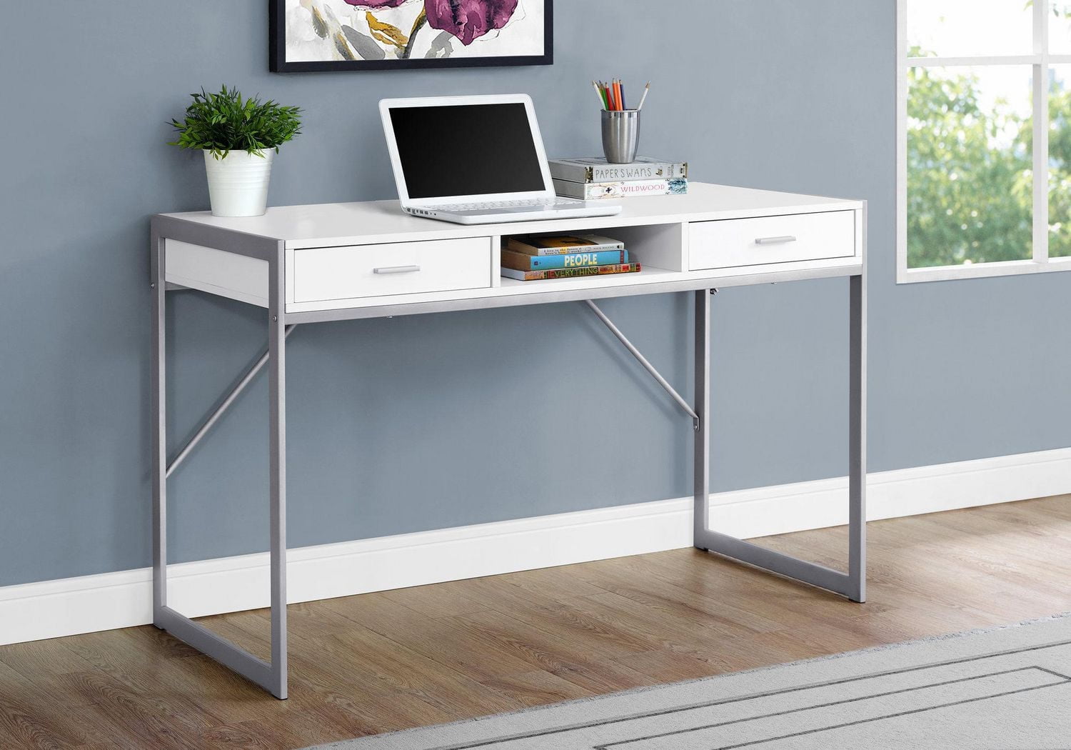 Monarch Specialties Computer Desk, Home Office, Laptop, Storage Drawers, 48"l, Work, Metal, Laminate, White, Grey, Contemporary, Modern