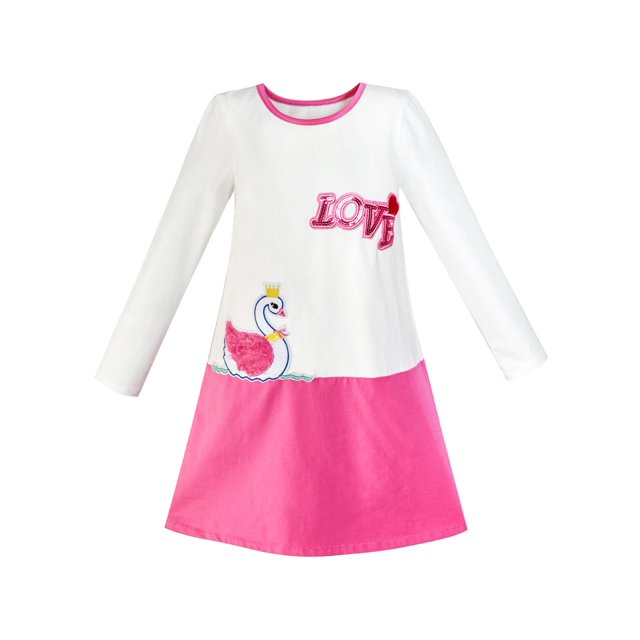 Robe Fille Broderie Duck Manches Longues Contraste de Couleur Coton 5 Ans