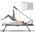 thumbnail image 1 of Soges Foldable Pilates Reformer Machine for Home Use, Portable Pilates Reformer Machine Equipment with Springs & colorful Elastic Cords, Pilates Equipment for All Level Users, Up to 330lbs, Beige, 1 of 9