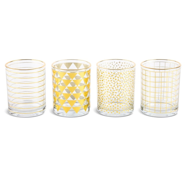 Thyme & Table Rocks Glasses, 11 oz, 4 Piece Set with four clear glass tumblers featuring real gold rims and unique gold geometric patterns including horizontal ovals, triangles, dots, and grid lines, suitable for home bar drinkware and entertaining.