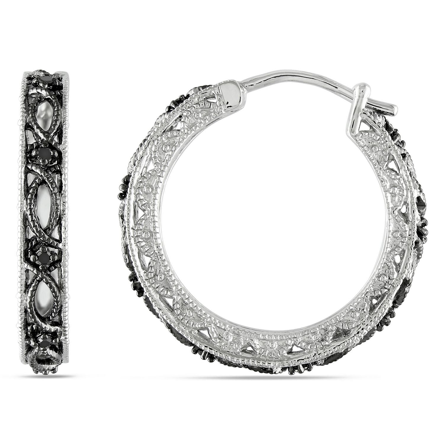 Anneaux d'oreille Asteria avec diamants noirs 1/10 CT poids total en argent sterling