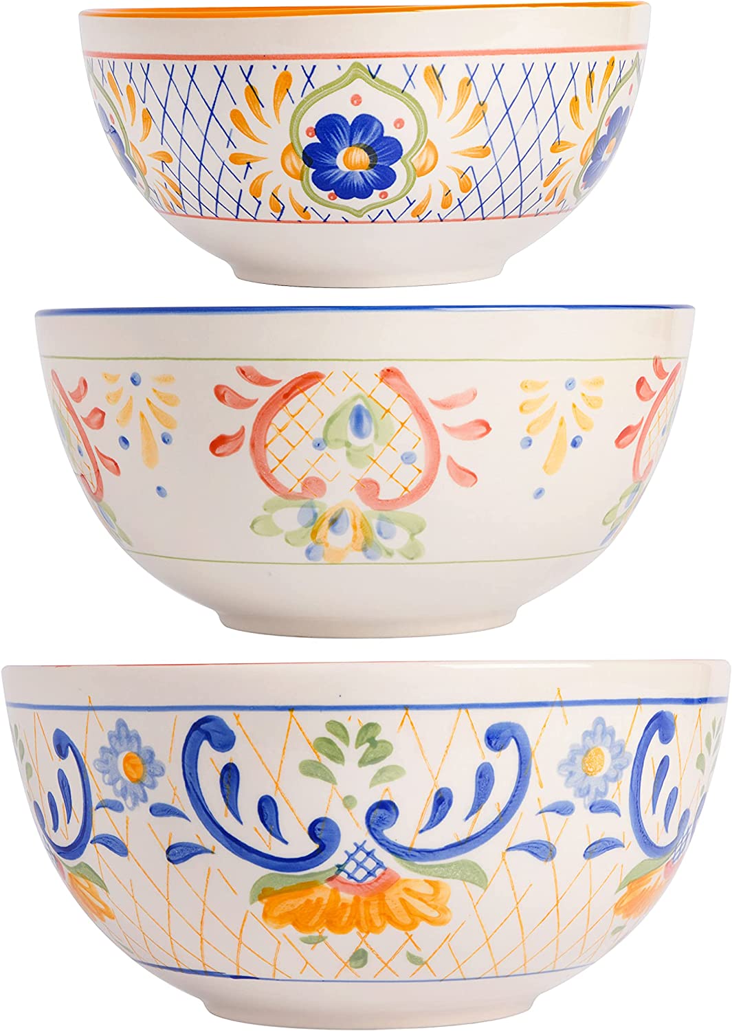Laurie Gates Tierra 3 Piece Stoneware Hand Painted Nesting Bowl Set - 3 Assorted Designs