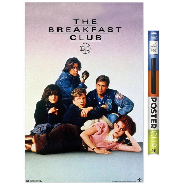 The Breakfast Club - One Sheet Wall Poster, 22.375" x 34", depicting five young adults in 1980s casual clothing posed against a plain light background with the title and BTC logo above, printed on glossy photo art paper, ideal for bedroom, dorm, or office wall decoration and suitable for party settings.