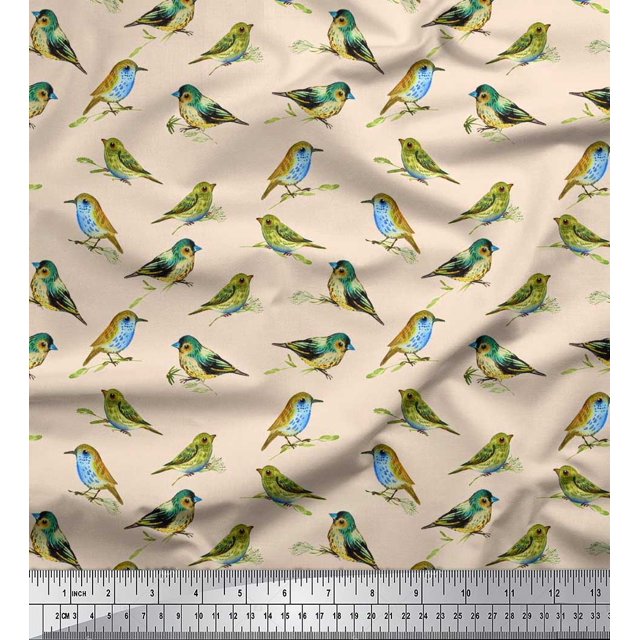 Soimoi Cotton Poplin Fabric Flycathcer Bird Print Sewing Fabric Yard 42 Inch Wide