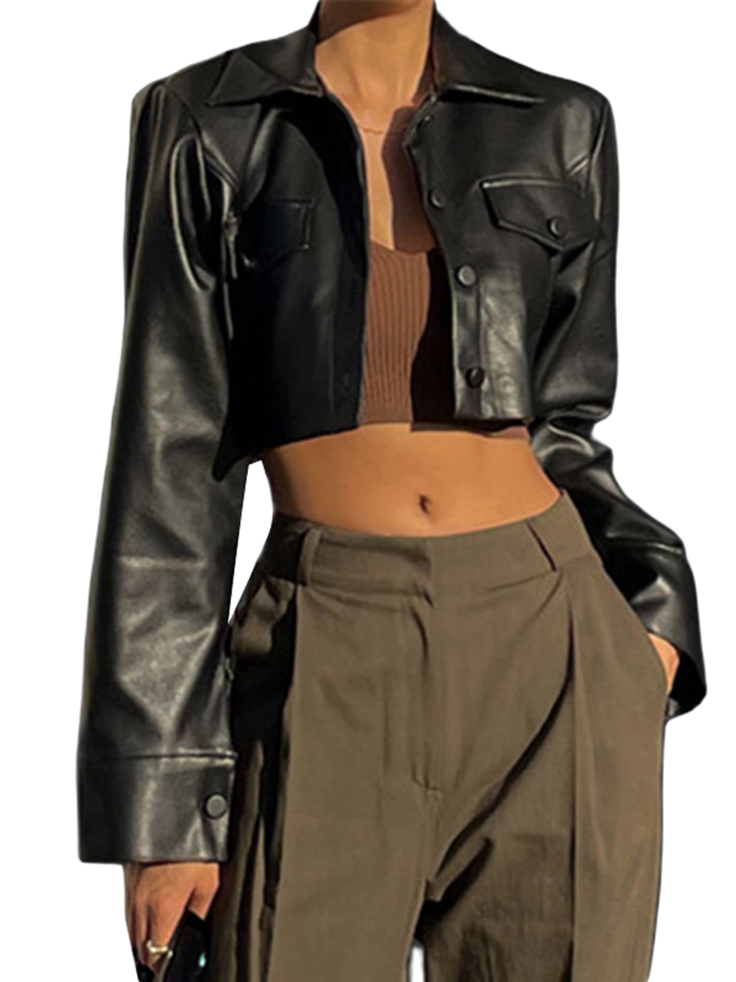 Kmbangi Women Crop Leather Jacket Solid Color Casual Long Sleeve Button Down Jacket Fall Outwear