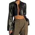 thumbnail image 1 of Kmbangi Women Crop Leather Jacket Solid Color Casual Long Sleeve Button Down Jacket Fall Outwear, 1 of 9
