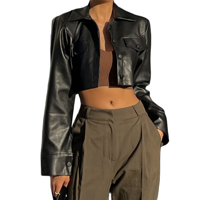 Kmbangi Women Crop Leather Jacket Solid Color Casual Long Sleeve Button Down Jacket Fall Outwear
