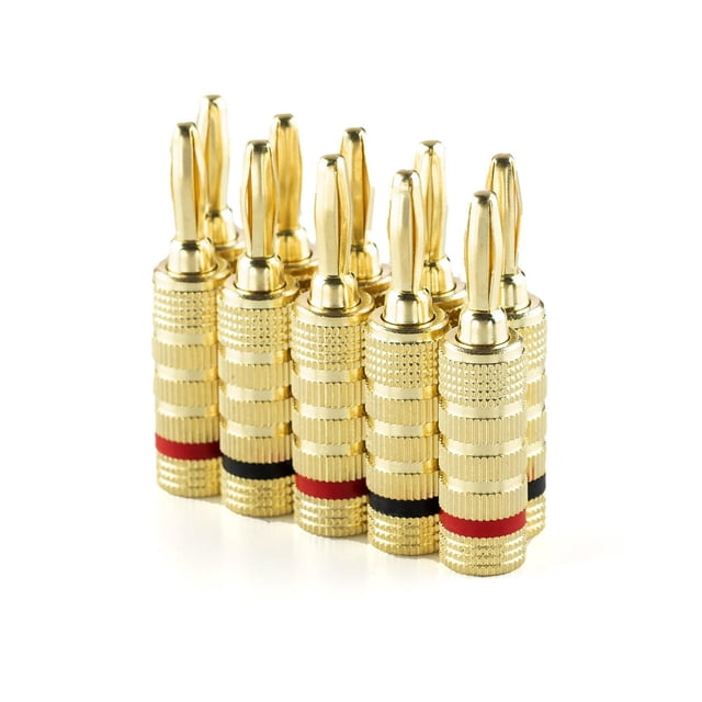 Copper Speaker Banana Plugs - Closed Screw Type, 5 Pairs, with gold-plated connectors and copper bodies for corrosion resistance and secure connections. Each plug features ferromanganese tips and color-coded red and black rings for polarity identification. Compatible with 12 to 18 AWG speaker wire, suitable for A/V receivers, amplifiers, and home audio accessories like surround sound systems.