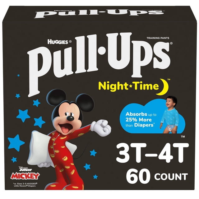 Pull-Ups Night Time Training Pants, Giga Pack, Size 2T-6T overnight training pants for boys with underwear-like pull-on design, soft stretchy sides, easy-open sides for quick checks, zoned absorbent protection, wetness indicator that fades when wet, Disney Miles from Tomorrowland graphics.