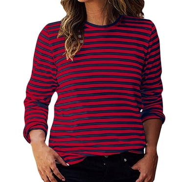 Aocisk T-Shirts à Blocs de Couleur Rayés pour Femmes, Manches Longues, Col Rond, Coupe Régulière, T-Shirts Décontractés, Confortables pour l'Automne, Hauts, Rouge G