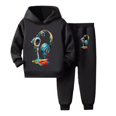 LUOGENLI Kid's Winter Tracksuit Pullover Hoodie Jogging Pants Set 2 Pieces Sweatsuit Maxi Boysuit with Shorts under Black 4-5 Years