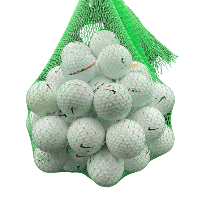 Golf Ball Planet - 50 Pack Nike Recycled Golf Balls (4A/Near Mint) displayed in a green mesh bag. The golf balls feature slight imperfections such as scuff marks, minor discoloration, and cosmetic blemishes, typical of near mint quality. Some balls include player markings, team logos, or corporate logos. This mix may contain various Nike models like Mojo, Juice, Karma, and more.