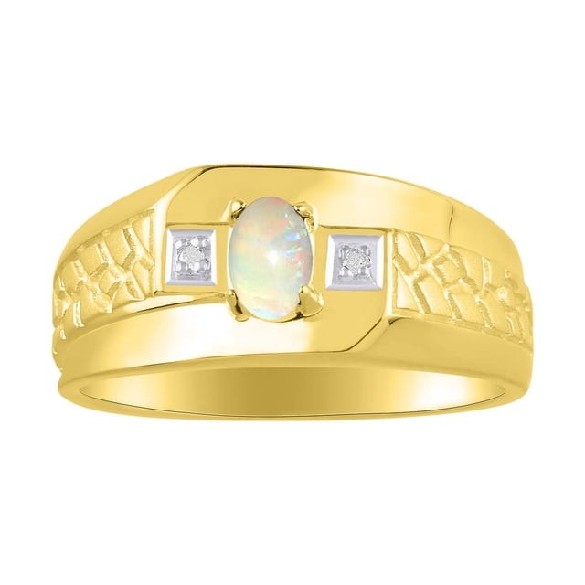 RYLOS Men's Rings 14K Yellow Gold Classic Nugget 6X4MM Oval Gemstone & Diamond Ring Opal October Birthstone Rings Size 13