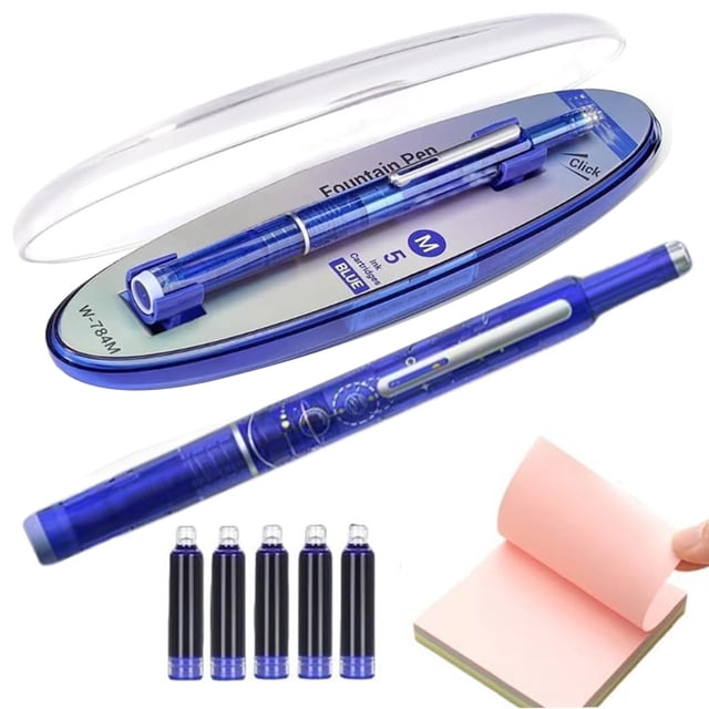 Musbetu Retractable Fountain Pen Fine Nib Set 0.38mm Black/Blue Ink Transparent Barrel Pen with 5 Refillable Ink Cartridges for Sketching Journaling Calligraphy